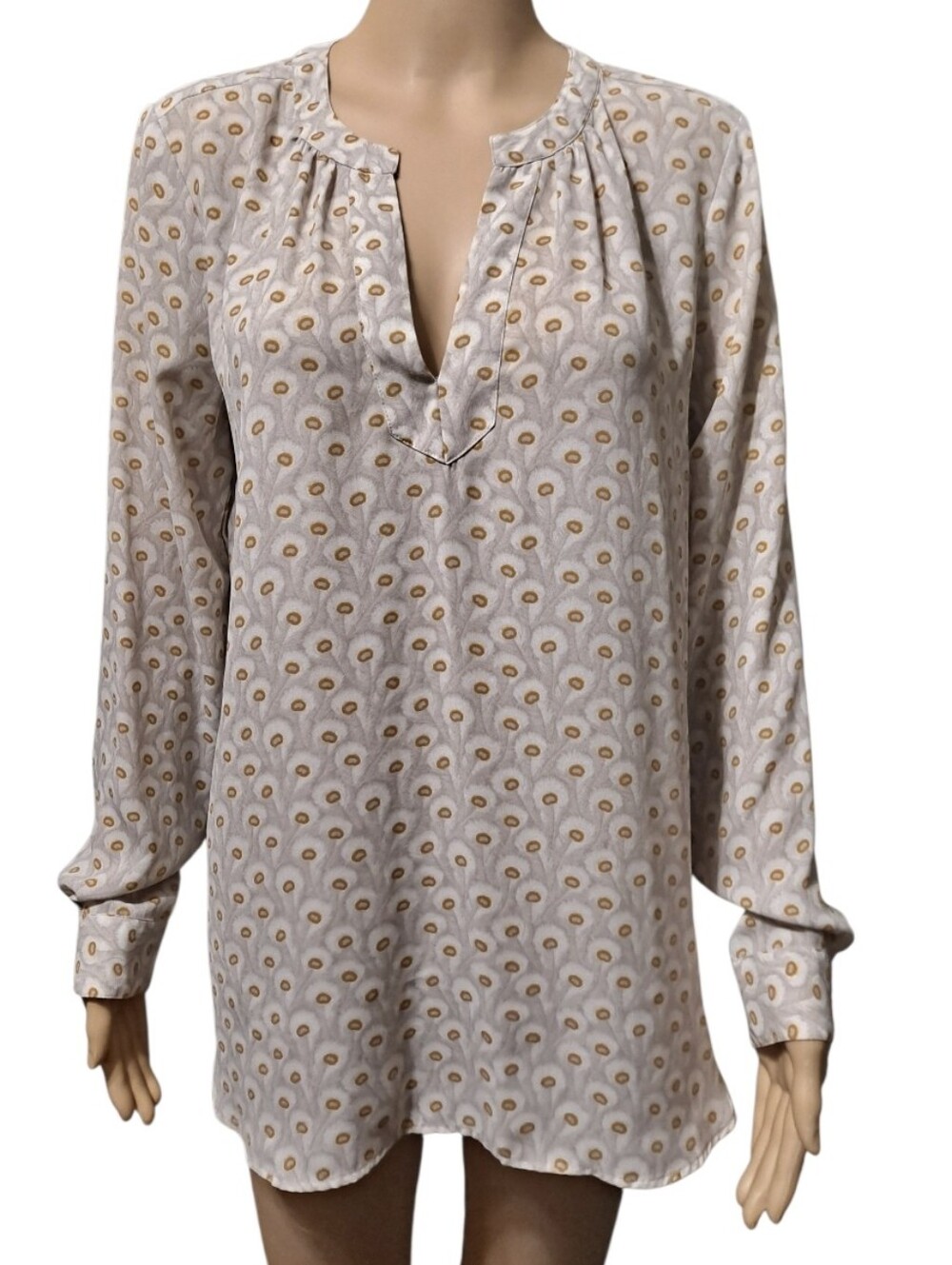 Loft Long Sleeve Printed Tunic Blouse - Grey, Blue, Gold